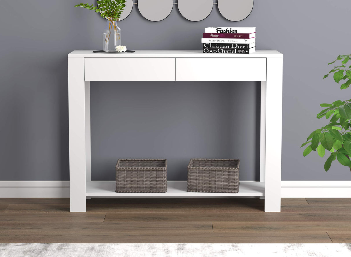 Safdie & Co. - White Console Tables for Entryway, Boho Console Table with Drawer and Shelf, Use As Doorway Table, White Makeup Desk, or Accent Furniture for Decorating Foyer, 12 x 40 x 30 Inches Safdie