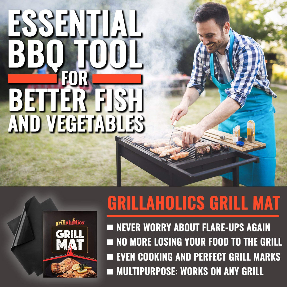 Grillaholics Heavy Duty Grill Mats - Set of 2 BBQ Mats Built to Last - Make Grilling Easier & Keep Grates Looking New - The Perfect Grilling Gift Grillaholics
