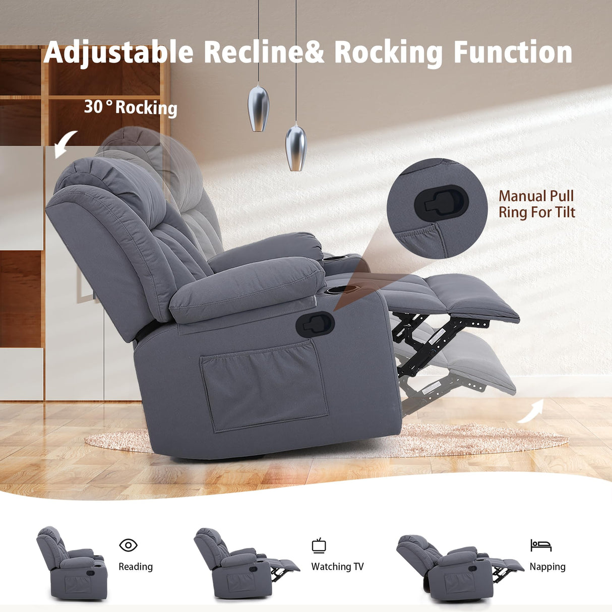 Ketaiyou Rocker Swivel Recliner Chair for Adults, Overstuffed Large Manual Recliner Glider with Massage and Heat, Comfy Soft Fabric Living Room Reclining Sofa Chair(Technical Grey) Ketaiyou
