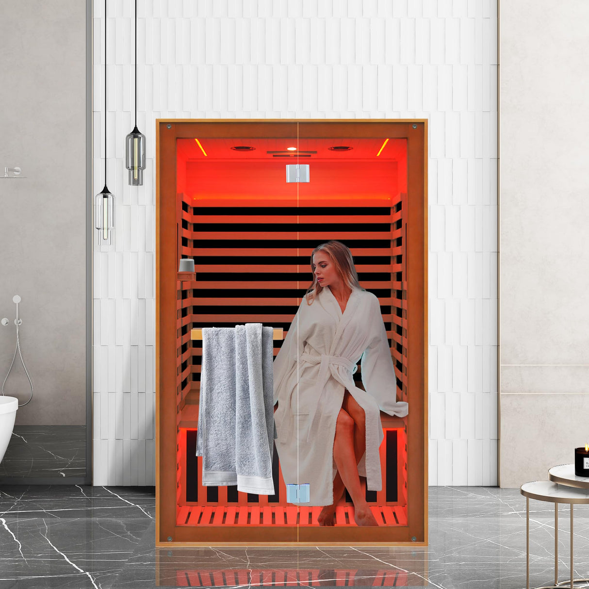 Efficraft Infrared Home Sauna Room 2 Person Hemlock Wooden Indoor Dry Sauna with Bluetooth Speakers & Red Light 1950W LCD Control Panel Temp and Time Pre-Set,1-Year Aftersale Efficraft