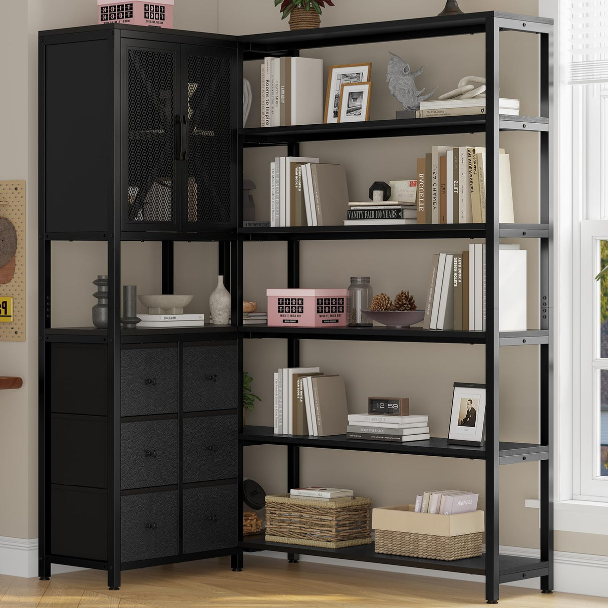 HAUOMS Corner Bookshelf, 6 Tier Industrial Convertible Bookshelf with 6 Fabric Drawers, Corner Bookcase Large L Shaped Storage Display Shelf for Home Office, Living Room, Kitchen, Black HAUOMS