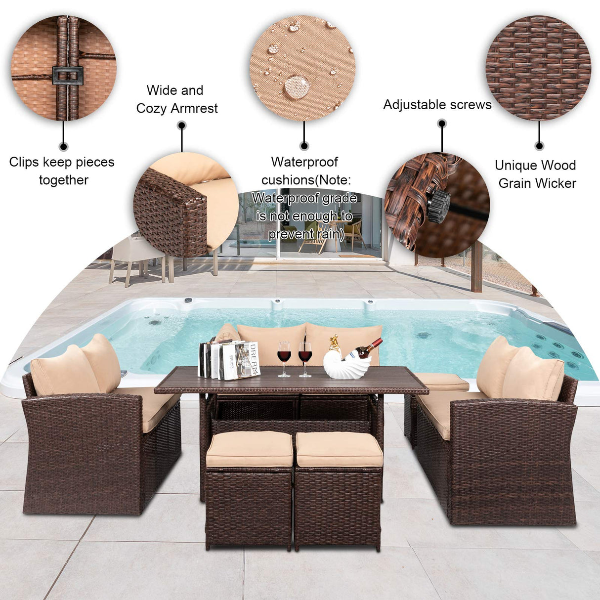 VINGLI Patio Furniture Set, 8 Pieces Outdoor Furniture with Dining Table&Chair, All Weather Wicker Outdoor Sectional Sofa with Ottoman VINGLI