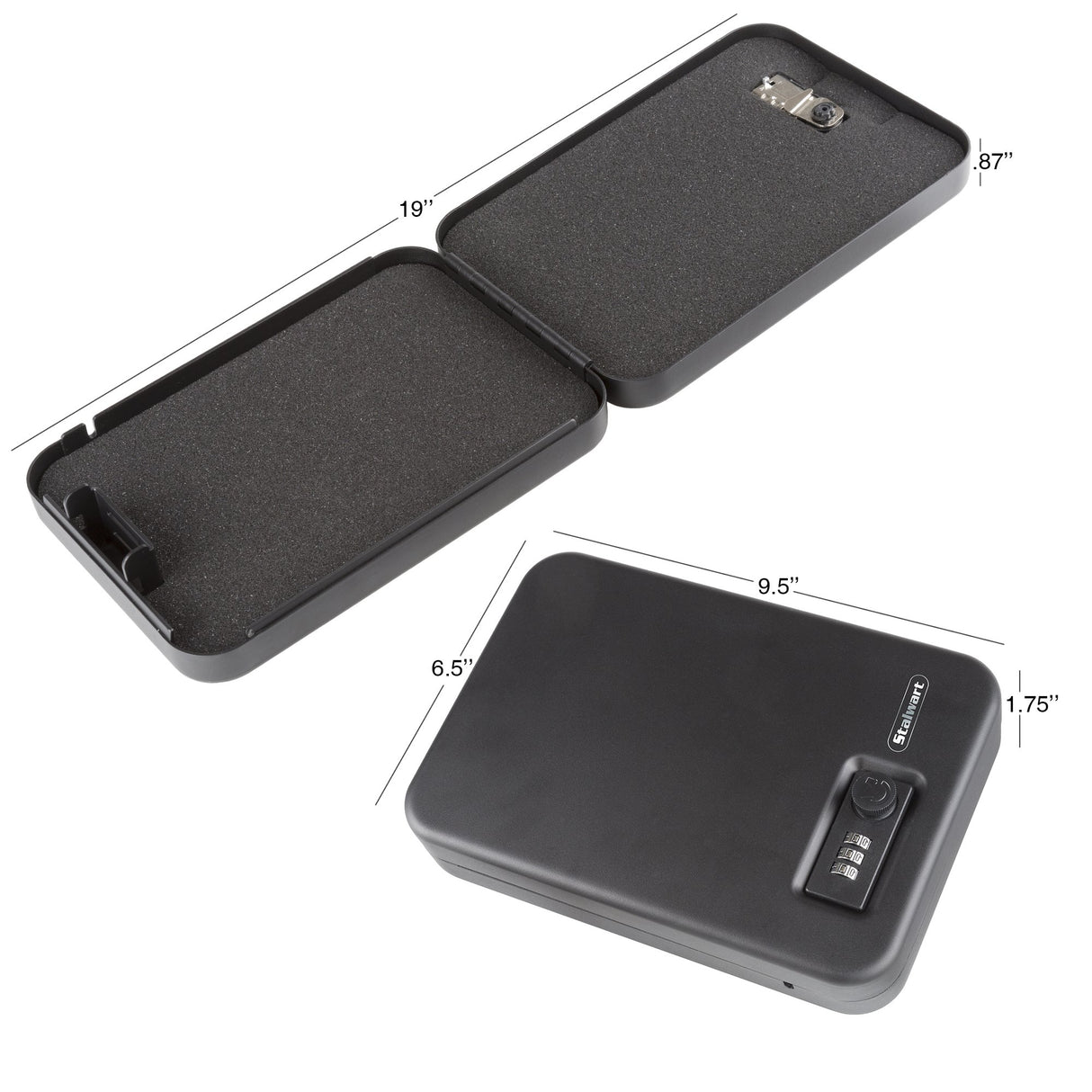 Stalwart Portable Gun Safe – Top Opening Personal Steel Travel Combination Lock Box with 1500 Pound Test Tether Cable for Car, Desk or Home Stalwart