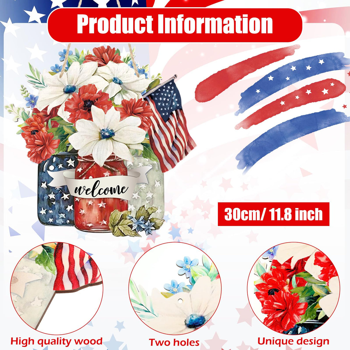 Spiareal 4th of July Welcome Door Decoration Farmhouse Patriotic Wooden Sign Rustic Independence Day Wood Wreaths Red White Blue Wall Decor American Flag Hanging Sign for Front Door Decorations Spiareal