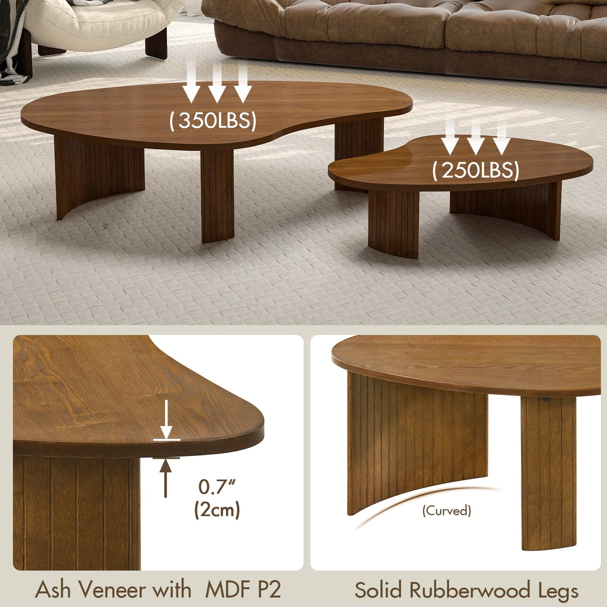 Hyfirm Walnut Nesting Coffee Table Set - 2-Piece Fluted Rubberwood Legs Living Room Center Furniture - MDF with Ash Veneer Irregular Oval Side Tables Hyfirm