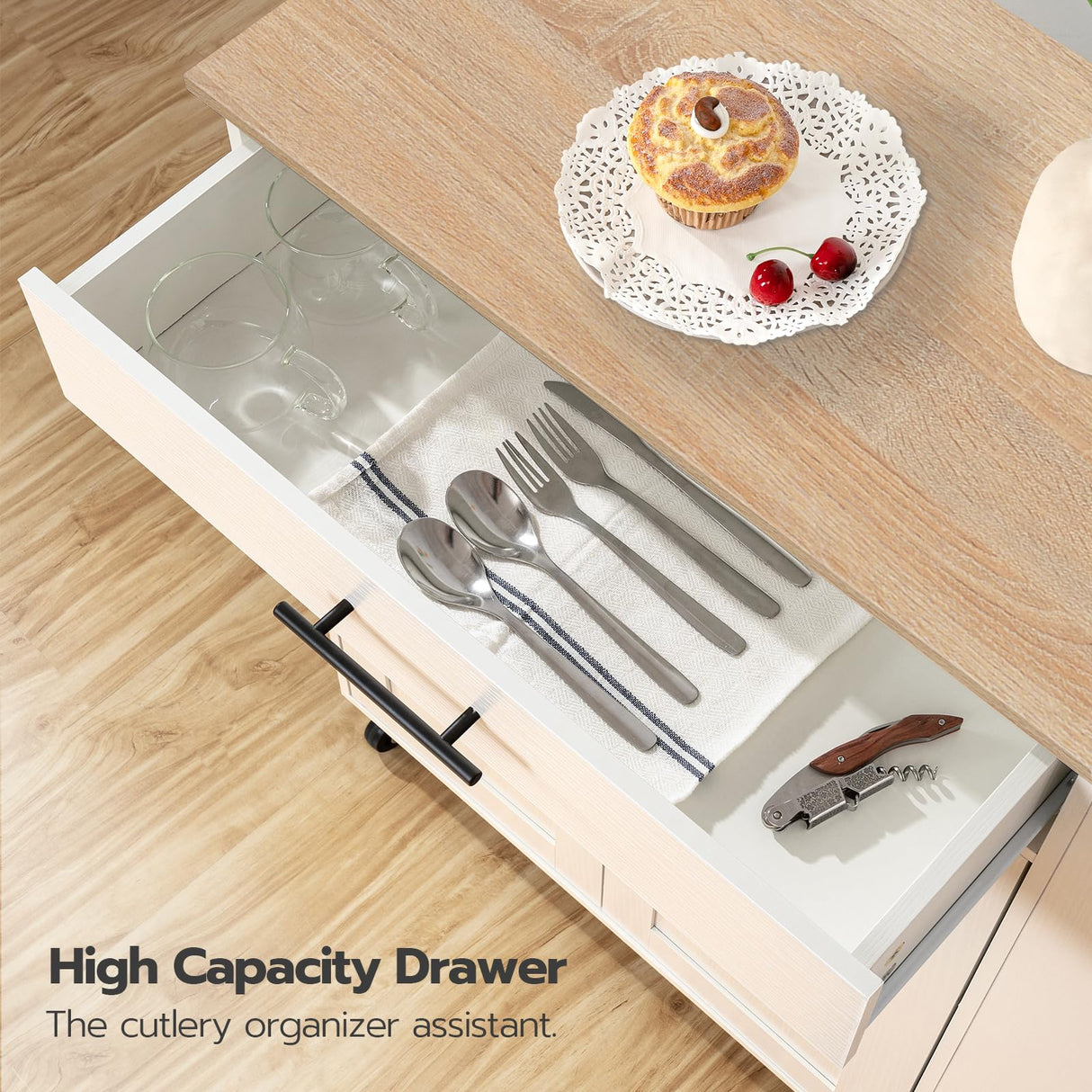 HOOBRO Kitchen Island with Power Outlet, Kitchen Storage Island with Spice Rack and Drawer, Rolling Kitchen on Wheels, for Home, Dining Room, Natural and White HOOBRO