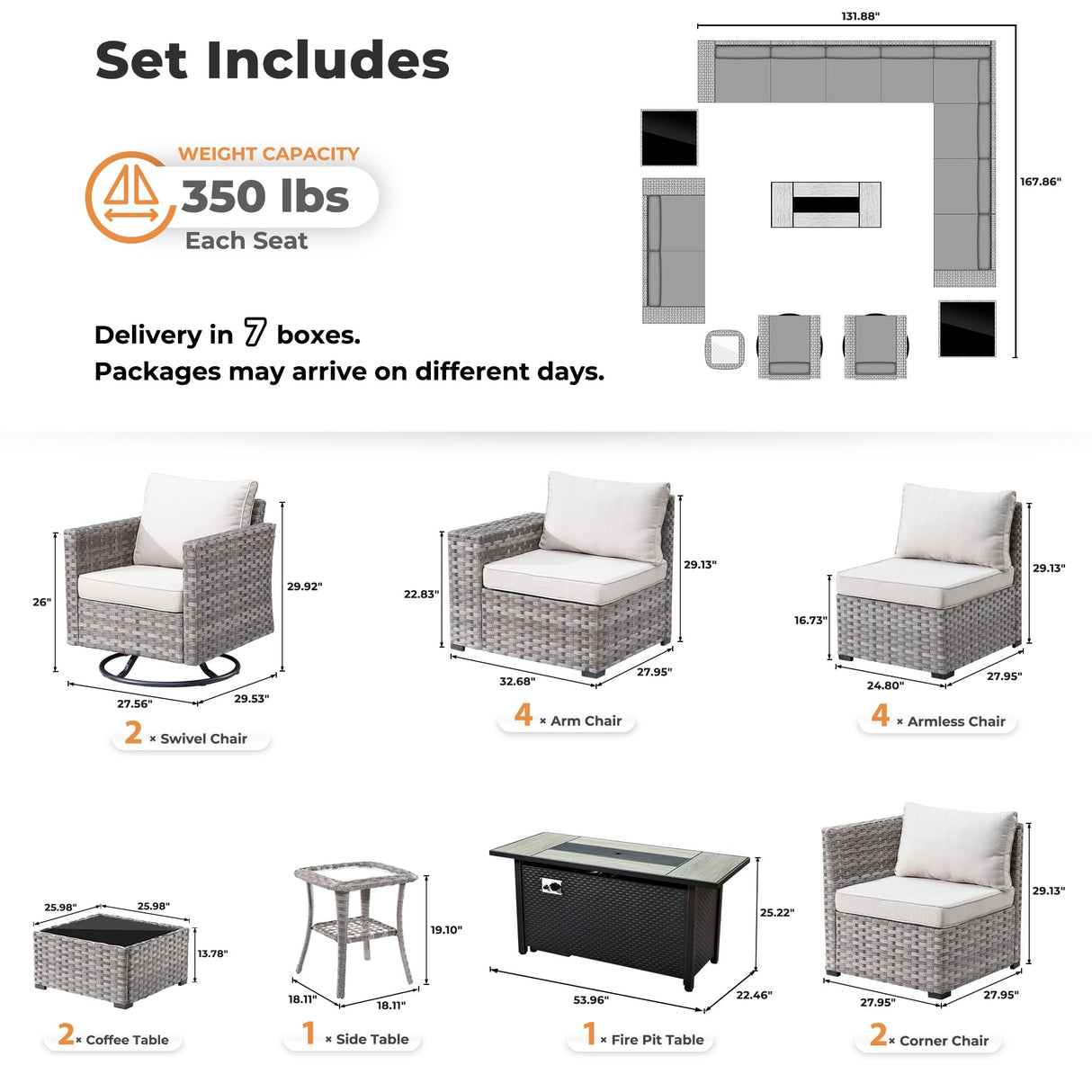 ovios 16 Pieces Patio Furniture Set, Outdoor Wicker Sectional Sofa with 54" Fire Pit Table Swivel Chairs, Modern Modular Deep Seat Rattan Couch Conversation Sets, Beige ovios