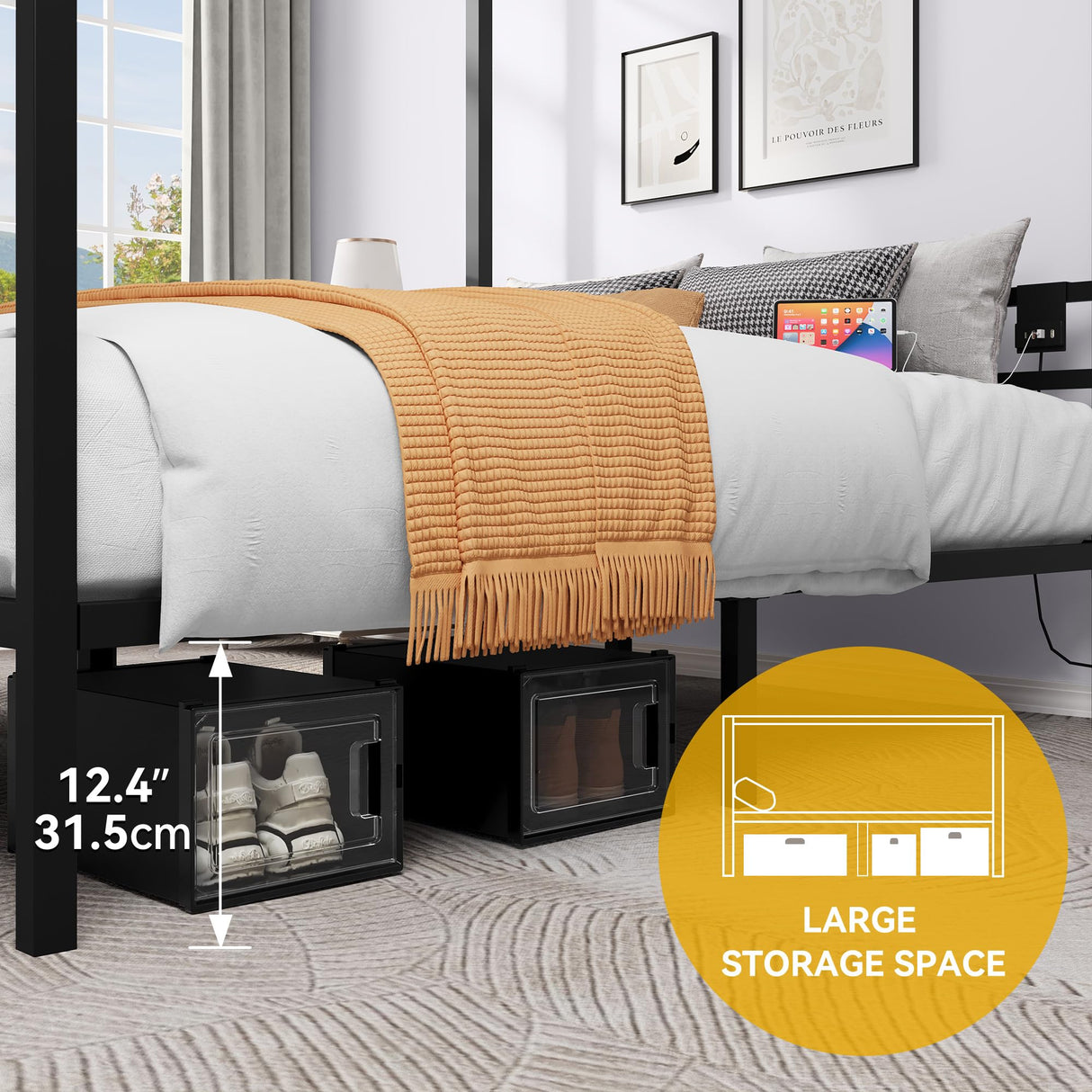 DWVO Canopy Bed Frame King, Four Poster Platform Bed with USB Charging Station, Metal Bed Frame with Slats Support, 12.4 inch Underbed Storage, No Box Spring Needed, Black DWVO