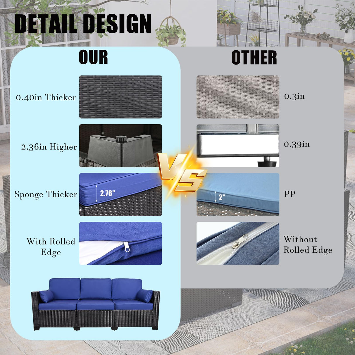 HISUKOY Outdoor Couch Wicker Patio Sofa, 3-Seat Sofa Patio Furniture Couch Outdoor Patio Sofa Seating Furniture for Garden,Backyard,Porch, Black-Blue HISUKOY