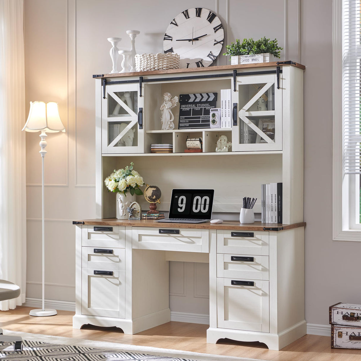 RedLemon 60" Farmhouse Desk with Hutch, Wood Home Office Executive Desk with Drawer, Charging Station, Keyboard Tray, File Drawer, Storage Cabinet, Rustic Writing Computer Desk (Antique White) RedLemon