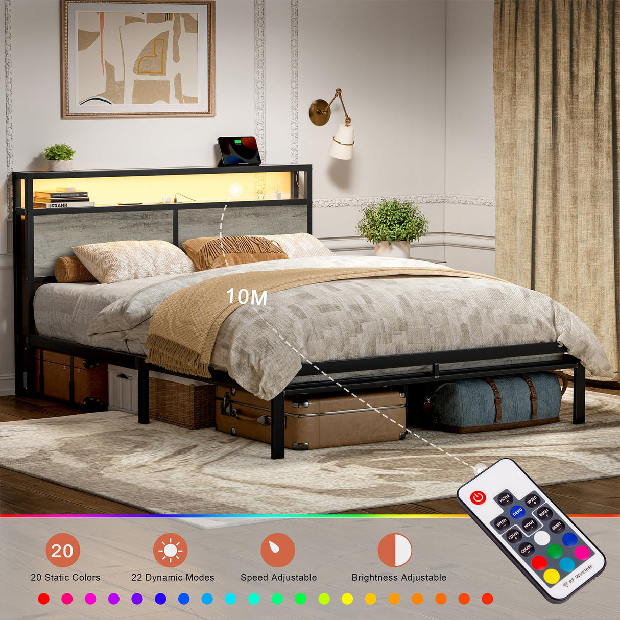 HAUSOURCE Full Bed Frame with Storage Headboard Metal Platform Bed with LED Lights, USB Ports Outlets, Non-Slip, Noise-Free, Strong Metal Slats Support No Box Spring Needed HAUSOURCE