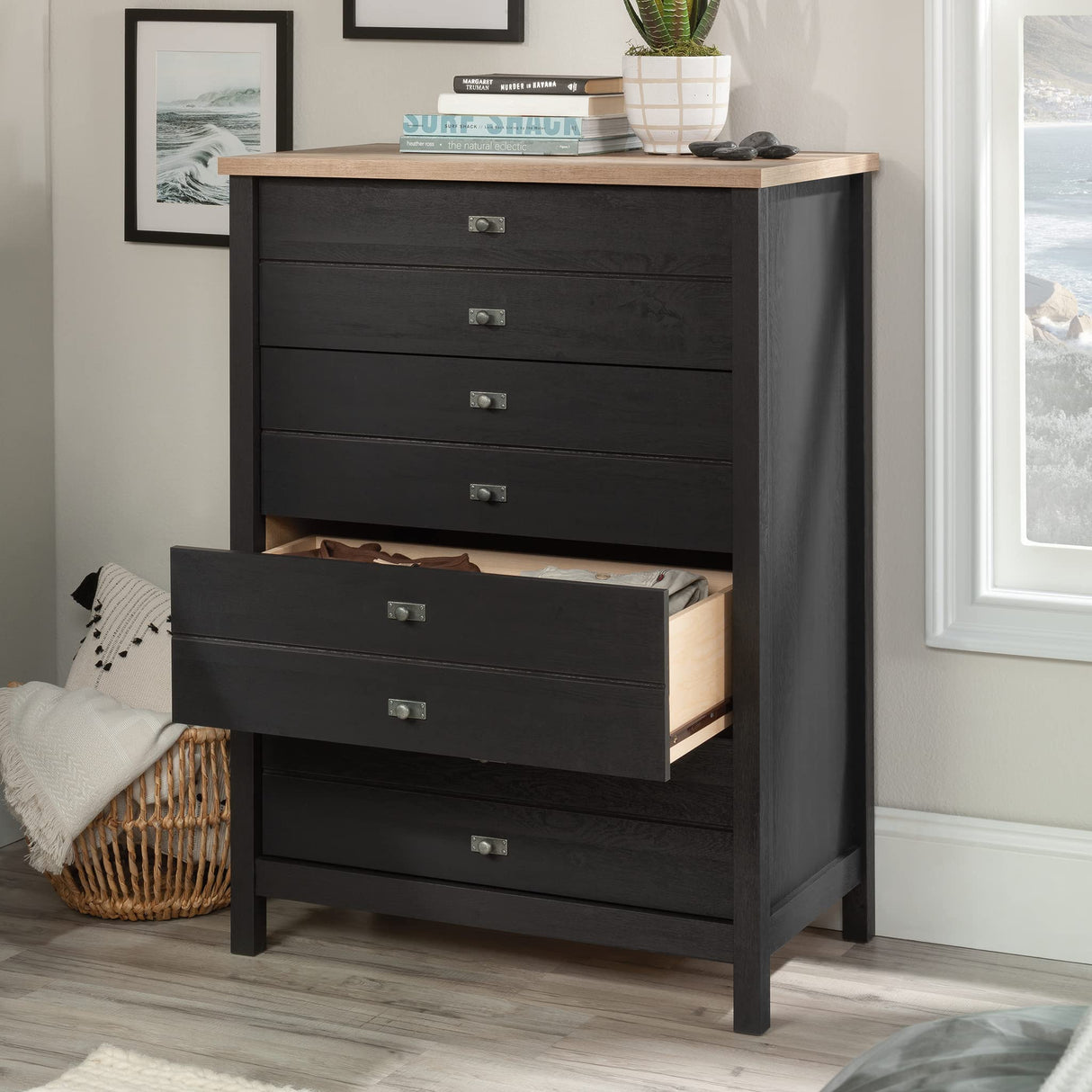 Sauder Cottage Road 4-Drawer Chest/Dresser, L: 32.44" x W: 19.29" x H: 44.92", Raven Oak Finish Sauder