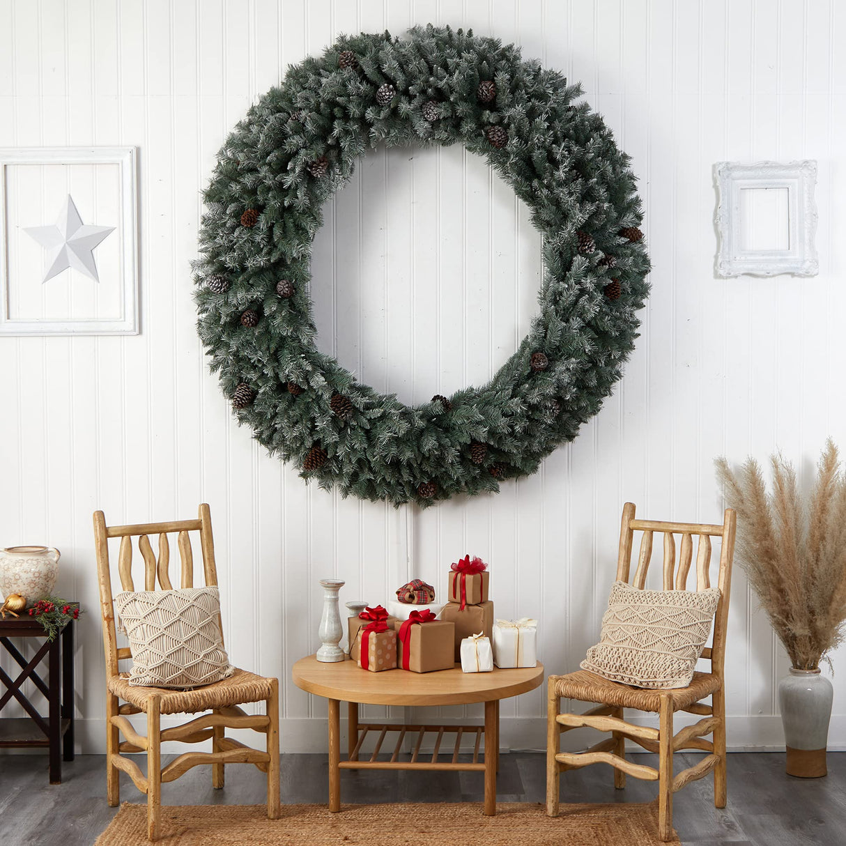 Nearly Natural 6ft. Giant Flocked Christmas Artificial Wreath with Pinecones, 600 Clear LED Lights and 1000 Bendable Branches Nearly Natural