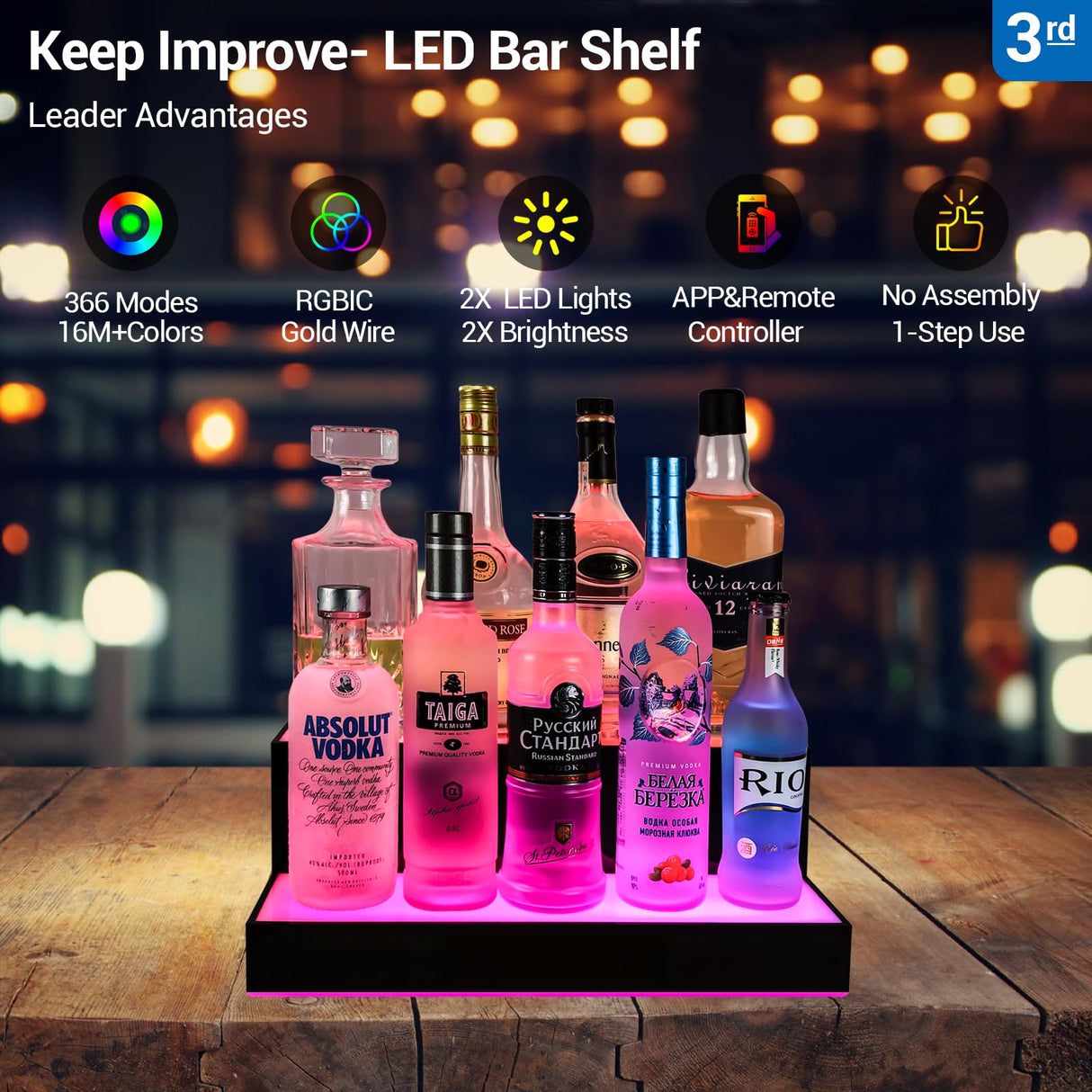 GOH&FTY LED Lighted Liquor Bottle Display Shelf,APP 16 inche 2Step LED Bar Shelves with Wireless Remote& Multicolor LED Light ,Bar Stand for Home Bar Accessories GOH&FTY