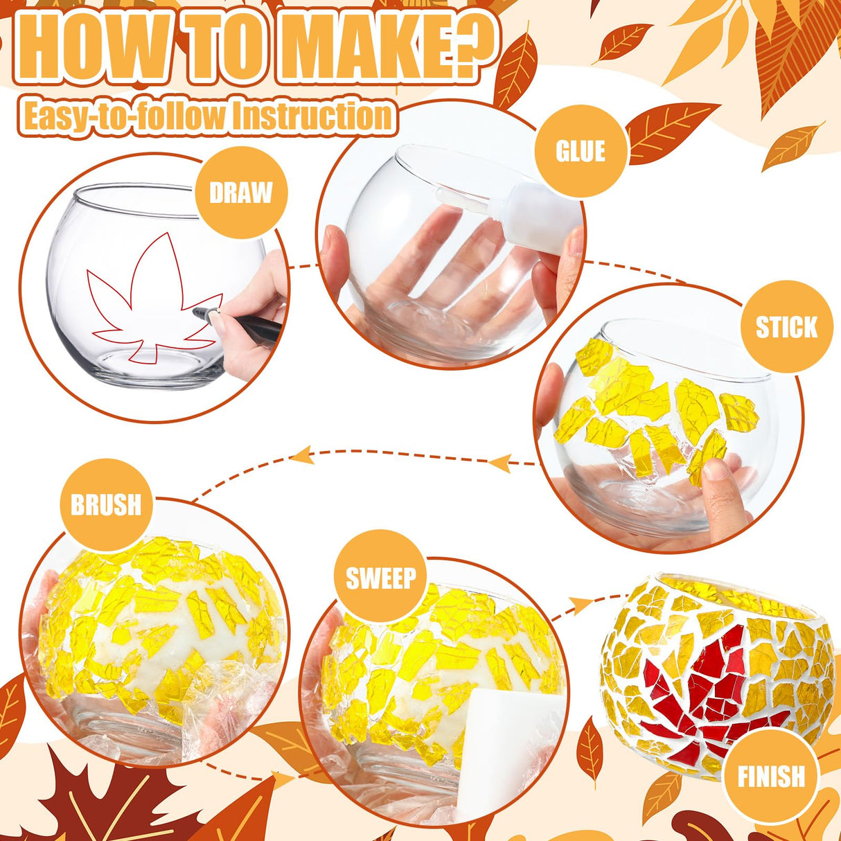 Sunnychicc 2 Set Glass Mosaic Candle Holder Kit Include Tea Light Holder, Glass Mosaic Tiles DIY Crafts Creativity Handmade Artwork for Adults Home Lighting Decor(Autumn Theme) Sunnychicc