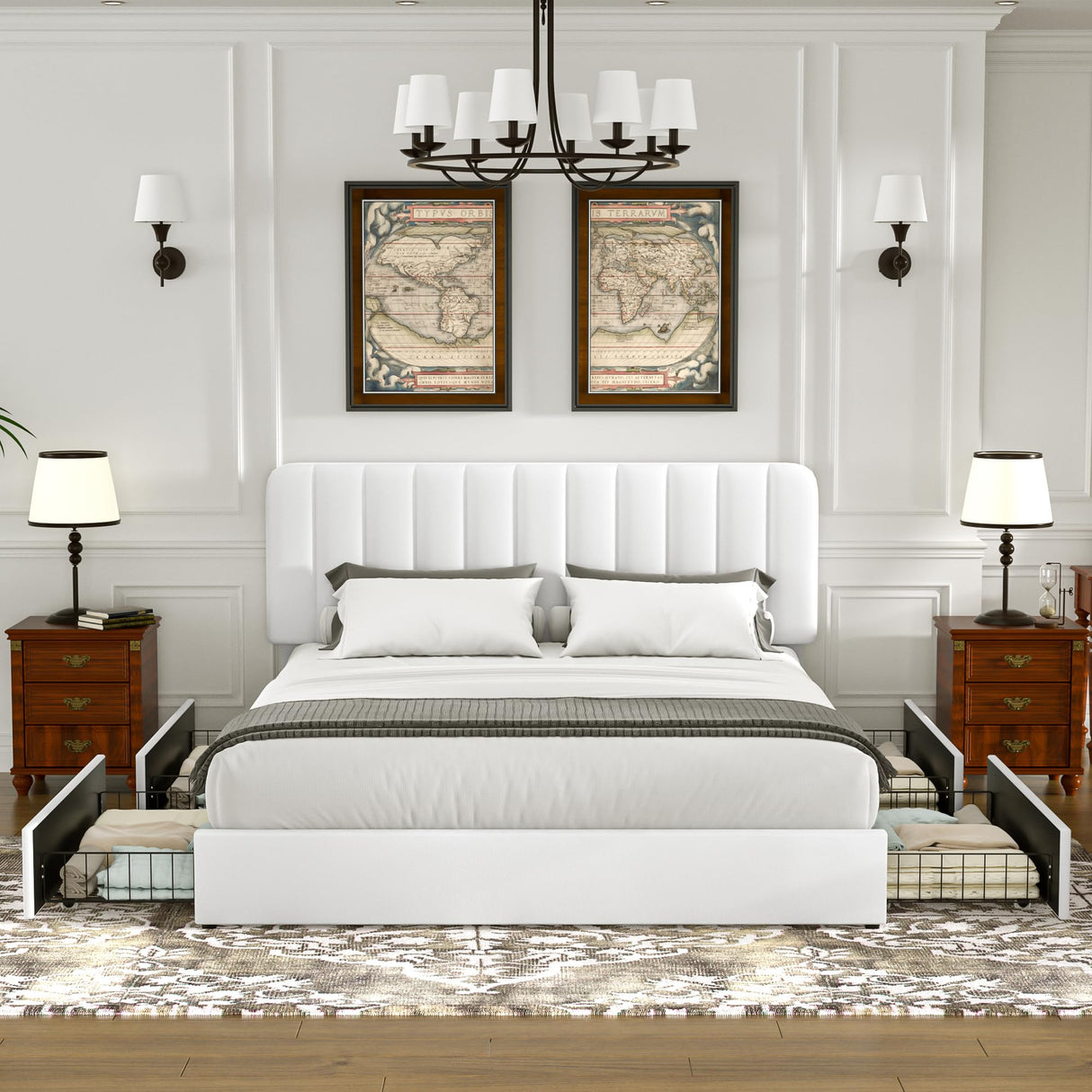 VECELO King Size Upholstered Bed Frame with 4 Drawers and Headboard, Velvet Platform Storage Bedframe, Wooden Slats Support, No Box Spring Needed,Snow-White VECELO