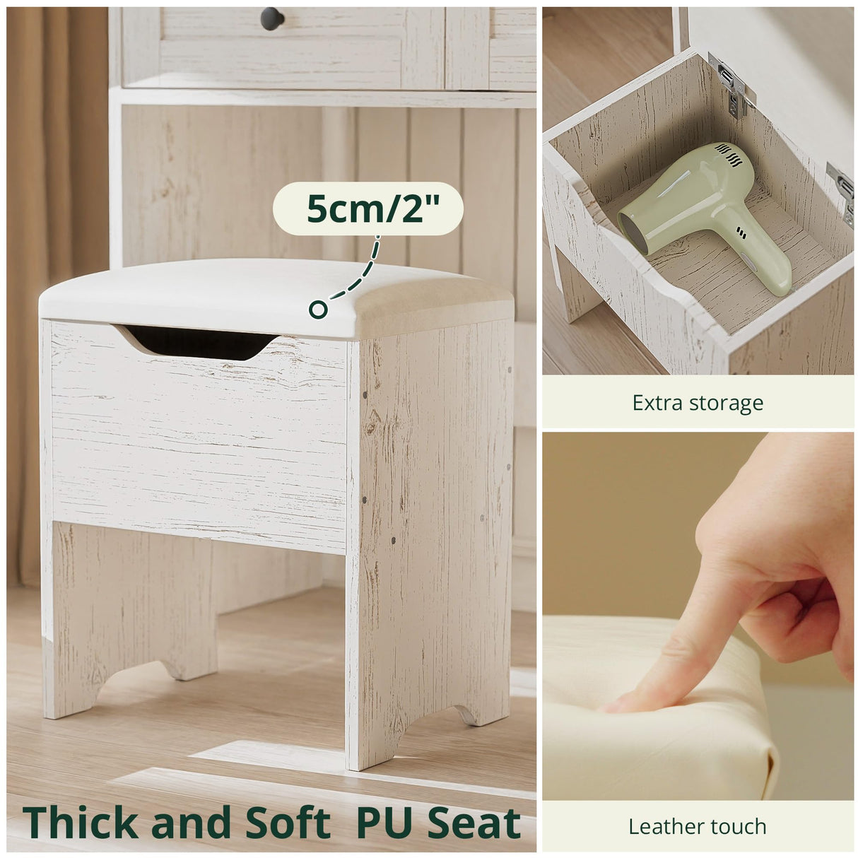 SunsGrove Farmhouse 43.3" Vanity Desk with Hollywood Makeup Mirror and Lights, White Vanity with 2 Drawers & 2 Cabinets, Large Modern Vanity Desk with Vanity Storage Chair for Bedroom (Antique White) SunsGrove