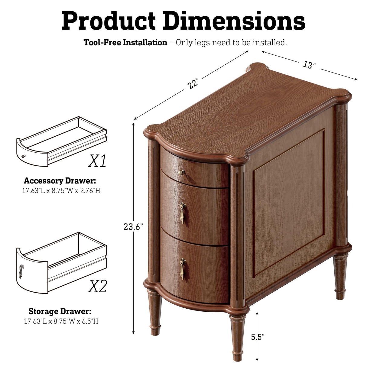 STO'SENSE Nightstand w/Charging Station & 3 Drawers, Pre-Assembled, Vintage Side Table w/Antique-Finished Pulls, Rustic Wood Finish, Narrow End Table w/Turned Legs for Bedroom (1, Brown) STO'SENSE