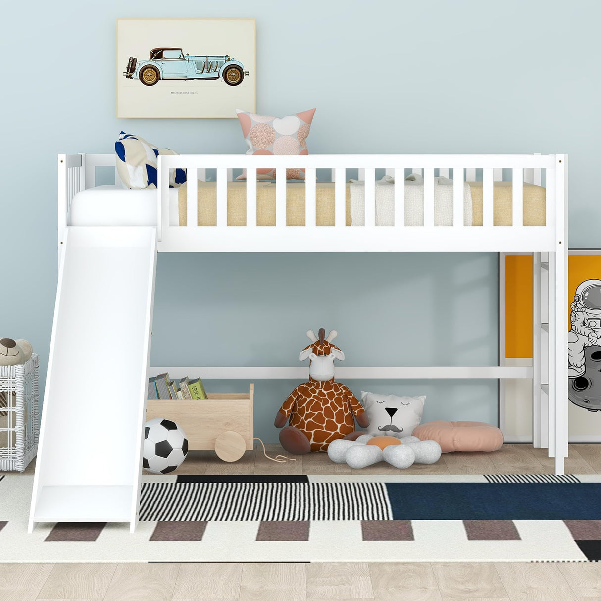 Twin Size Low Loft Bed with Slide,Kids Loft Bed with Ladder,Wood Kids Loft Bed Twin Size for Girls Boys,White Bellemave