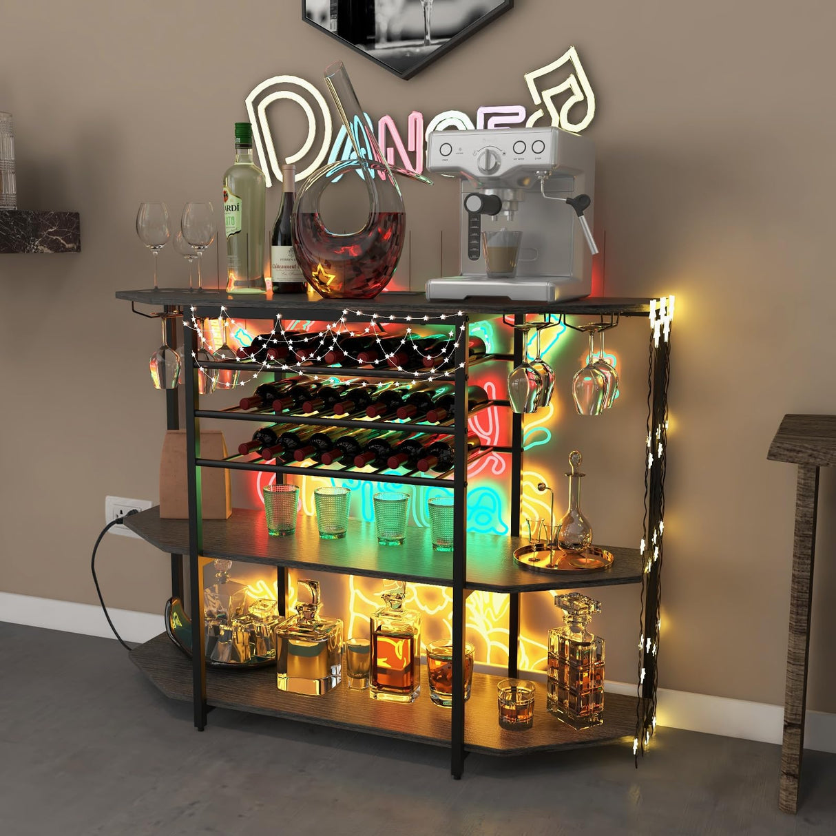 COSTWAY Rustic Grey 3-Tier Wine Bar Cabinet with Charging Station and Ample Storage COSTWAY