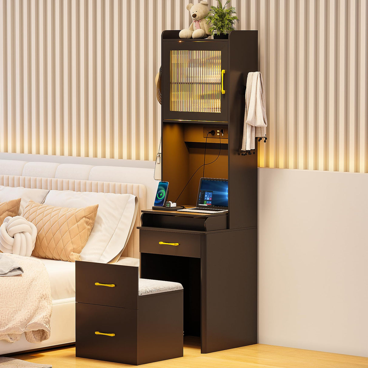 Gurexl 3 in 1 Vanity Desk with Human Sensor LED Light,Tall Makeup Vanity Set with 2 AC Outlets & USB-C,Make Up Vanity Desk with Flip-up Mirror,Jewelry Box,Cushioned Tool,2 Drawer,Bedroom Gurexl