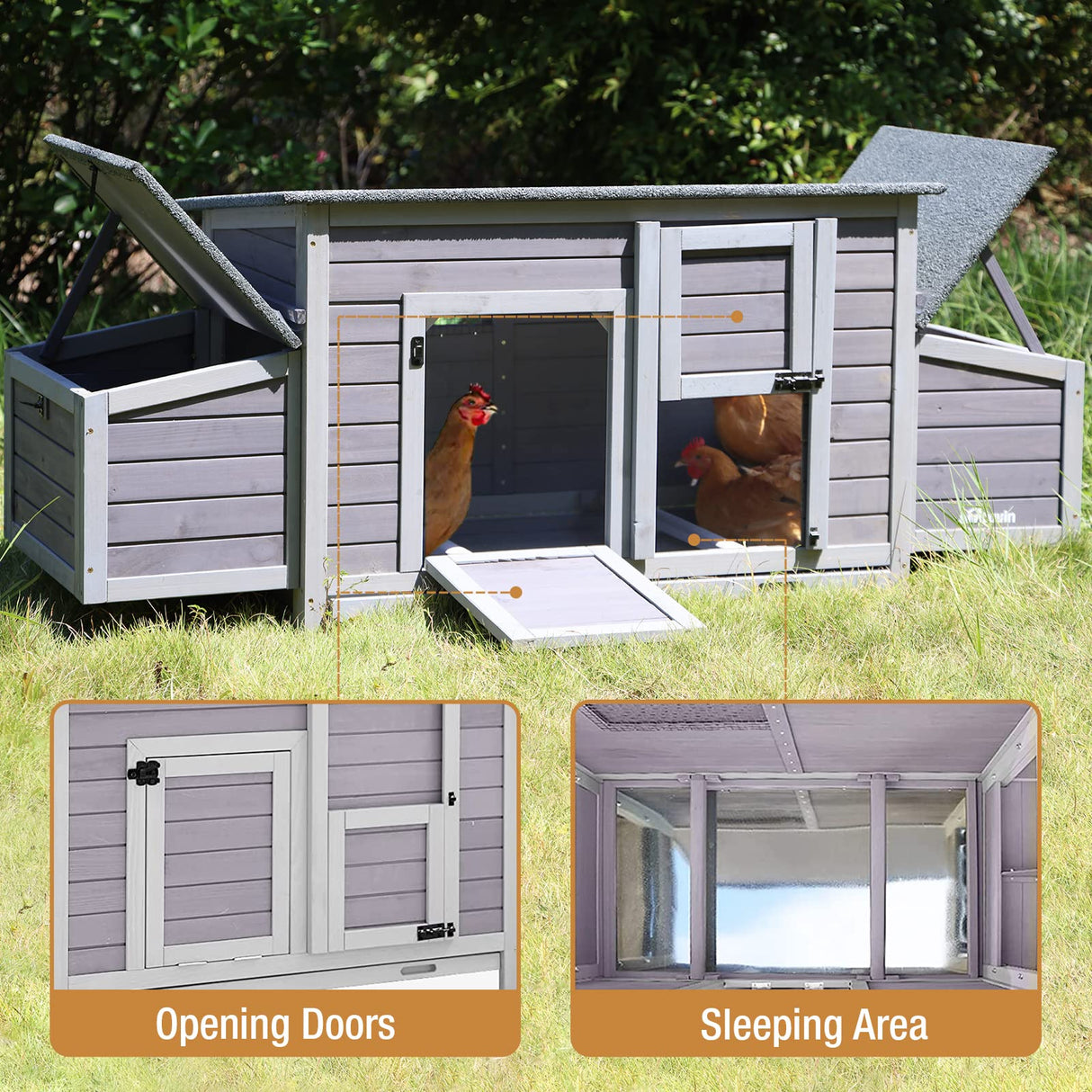 Chicken Coop Outdoor Wooden Hen House with Nesting Box Poultry Cage with 2 Perches,2 Large Front Doors GUTINNEEN