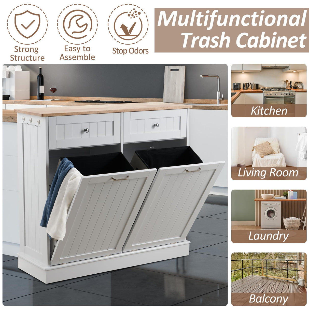 AHB Double Tilt Out Trash Cabinet Kitchen Trash Bin Cabinet 2x13 Gallons Free Standing Recycling Trash Can Cabinet with Hideaway Drawers Pet Proof Trash Can Holder for Kitchen Living Room, White AHB