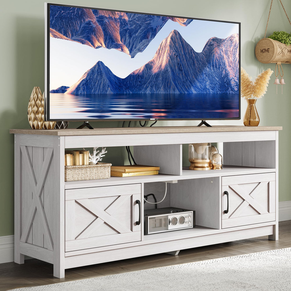 YITAHOME TV Stand for 65/55 Inch Television, Farmhouse Entertainment Center Television Stand with Power Outlets and Open Shelf, Media Console TV Cabinet for Living Room, Grey White/Grey Wash YITAHOME