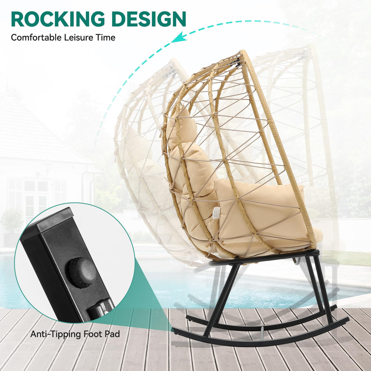 YITAHOME Wicker Rocking Egg Chair, Outdoor Patio Rocking Chair with Cushioned Comfort, 330lb Capacity, Anti-Slip, All-Weather Resilient Egg Lounger Chair for Indoor & Outdoor Relaxation Spaces, Beige YITAHOME
