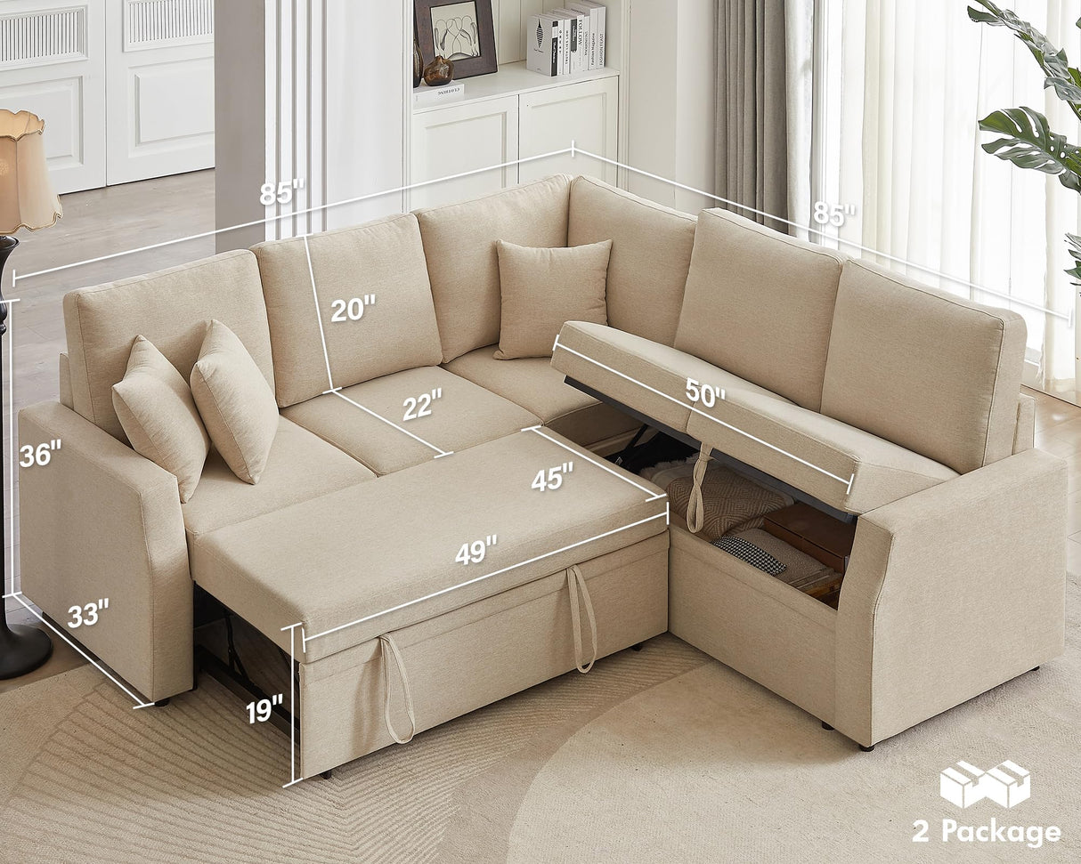 AMERLIFE 85 Inch Sofa Bed, Oversized L Shape Couch with Pull Out Bed & Storage Seat, Oversized Reversible Sleeper Sofa for Living Room Apartment, Beige Linen Couch AMERLIFE