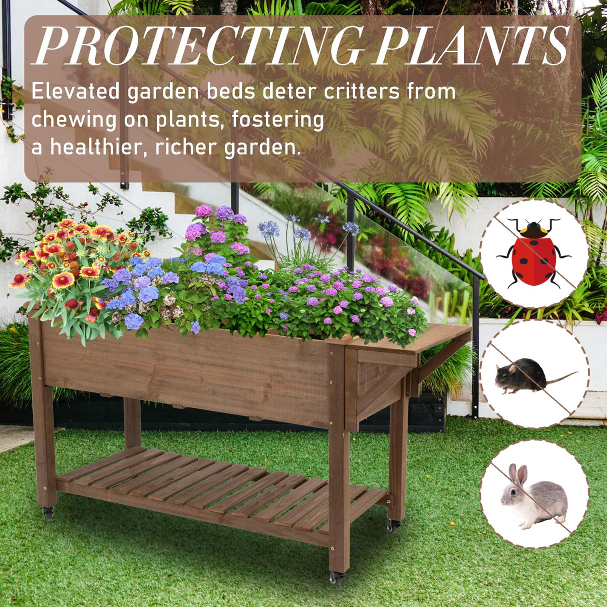 ketive Raised Garden Bed 55.5x24x32-inch Mobile Elevated Wood Planter with Lockable Wheels, Storage Shelf, Protective Liner ïŒBrownïŒ ketive
