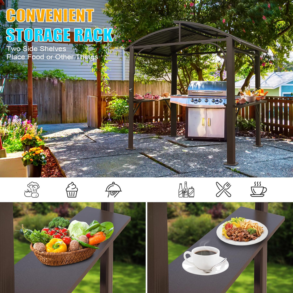 8x5 Grill Gazebo, Outdoor BBQ Gazebo with Double Galvanized Steel Roof, Barbeque Hardtop Grill Gazebo with 2 Side Shelves and Bottle Opener, Metal Grilling Gazebo for Patio, Garden, Backyard (Brown) BNSPLY