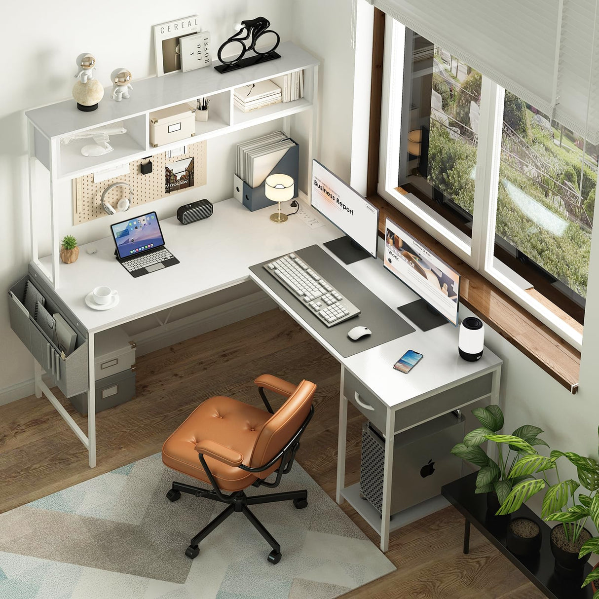 Yoobure L Shaped Desk Gaming Desk with LED Strip & Power Outlet, Reversible L-Shaped Computer Desk with Storage Shelf & Drawer, Corner Desk with Storage Bag, 2 Person Home Office Desk, White Yoobure