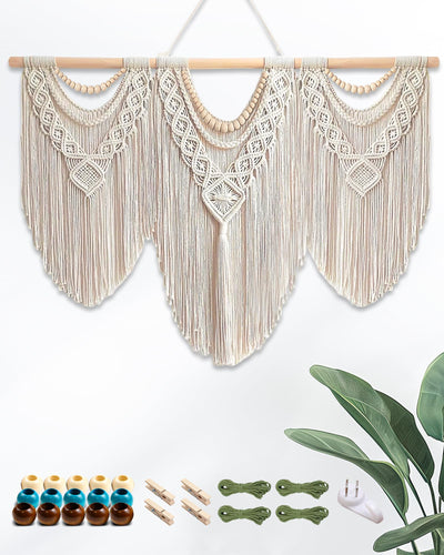 Large Macrame Wall Hanging Handmade Boho Tapestry 43"x32" - Wall Art Decor with Wooden Beads & Rod for Living Room, Bedroom, Wedding (Includes 3-Color Beads, Clips & Green Cotton Rope)