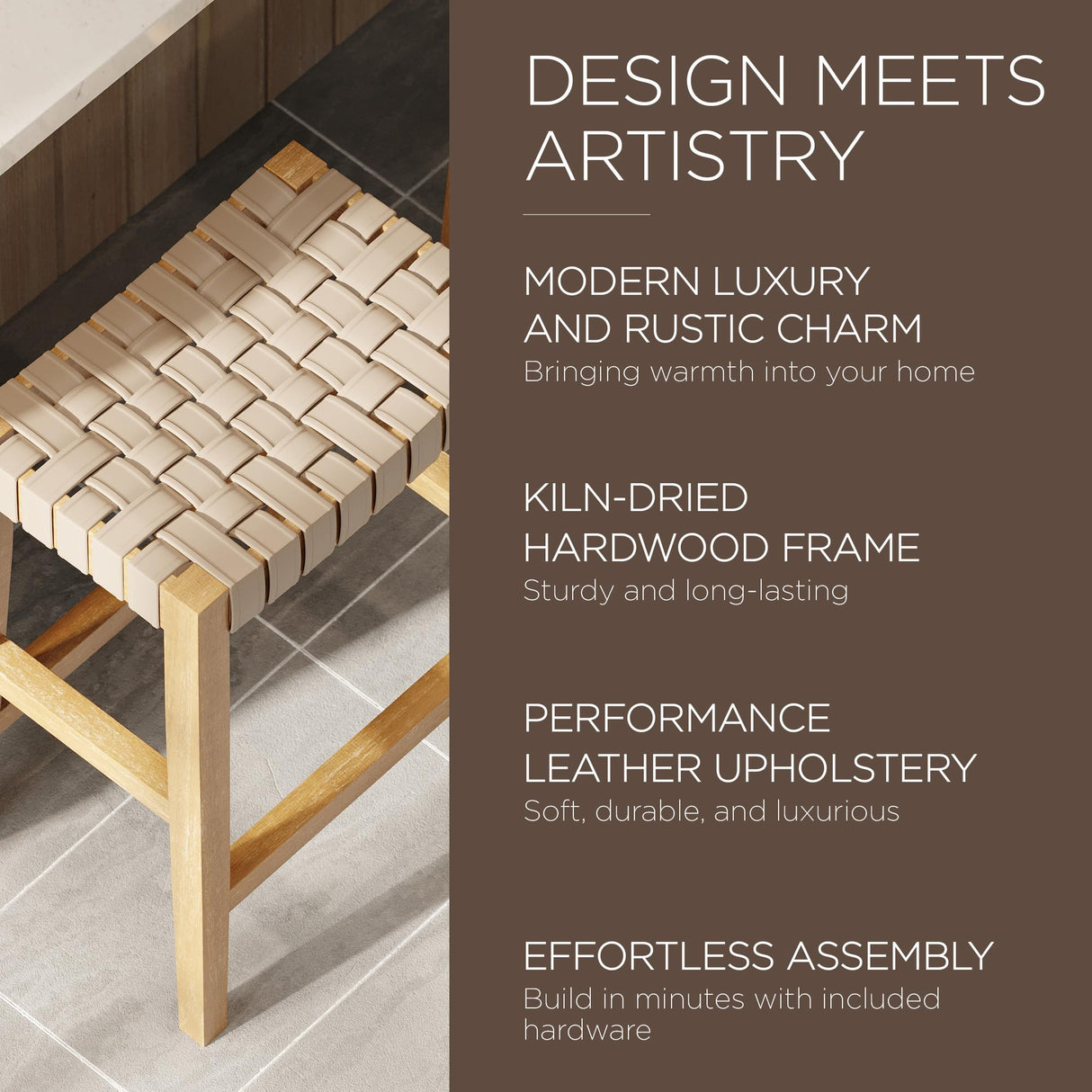 Maven Lane Emerson 26 Inch Tall Counter Height Backless Saddle Barstool in Weathered Natural Wood Finish with Avanti Bone Vegan Leather Seat Maven Lane