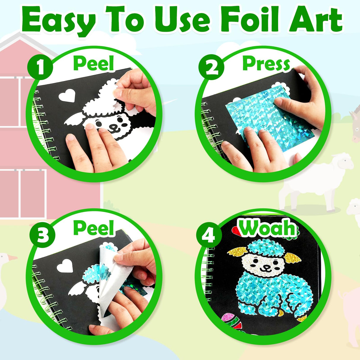 pigipigi Art Craft Activity for Kids: Foil Art Farm DIY Toy Kit, No Mess Creative Travel Supply Set, Idea Birthday Christmas Valentine Gift for Girl Boy Children 3 4 5 6 7 8 9 Year Old pigipigi