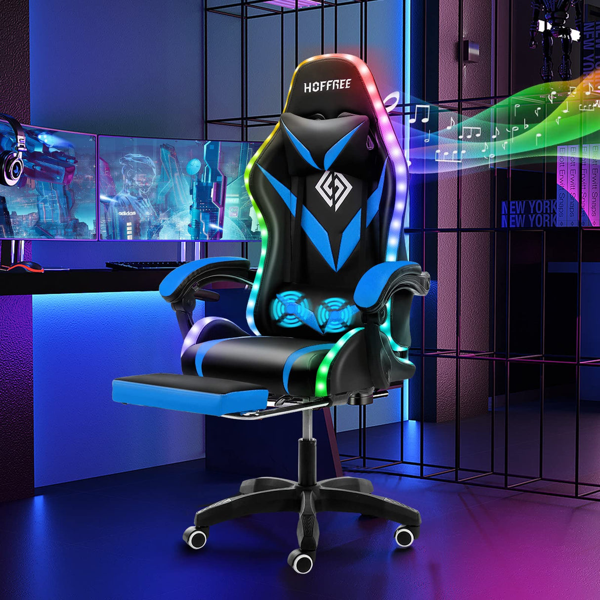 HOFFREE Gaming Chair Massage with Bluetooth Speakers and Led Lights Ergonomic Computer Gaming Chair with Footrest RGB Video Game Chair with High Back Lumbar Support Blue and Black HOFFREE