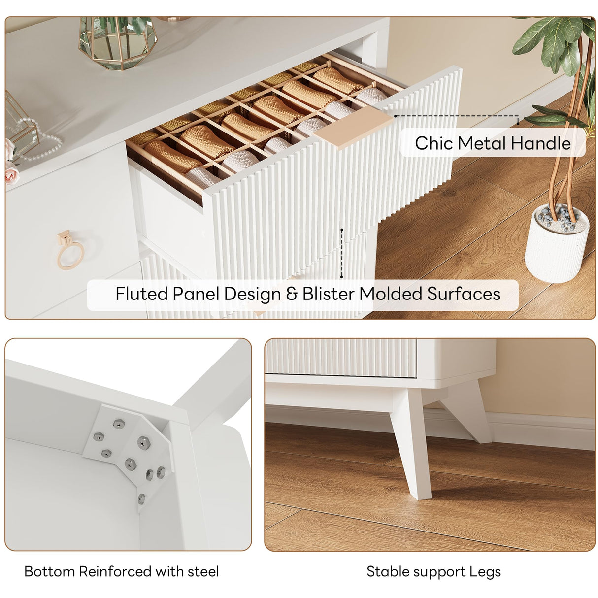 LIKIMIO Dresser for Bedroom 9 Drawers with LED Light, 55" Wide Fluted Chest of Drawers, Wood Closet Organizer, TV Stand for Living Room, White LIKIMIO