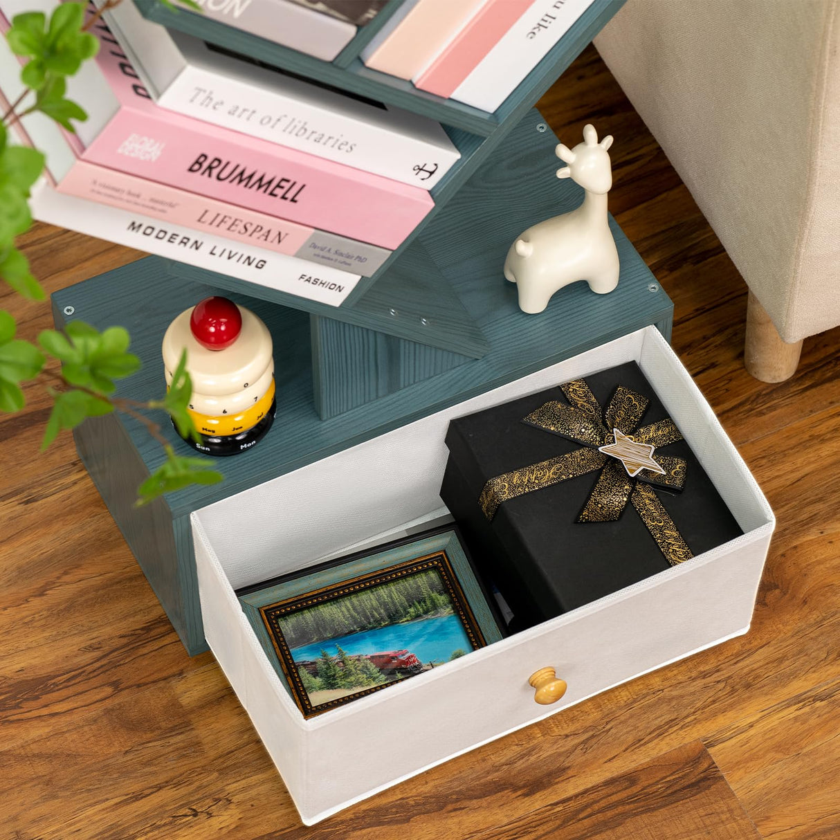 SHEEPAM 8-Tier Navy Blue Tree Bookshelf with Drawer - Stylish Storage Organizer for Small Spaces SHEEPAM