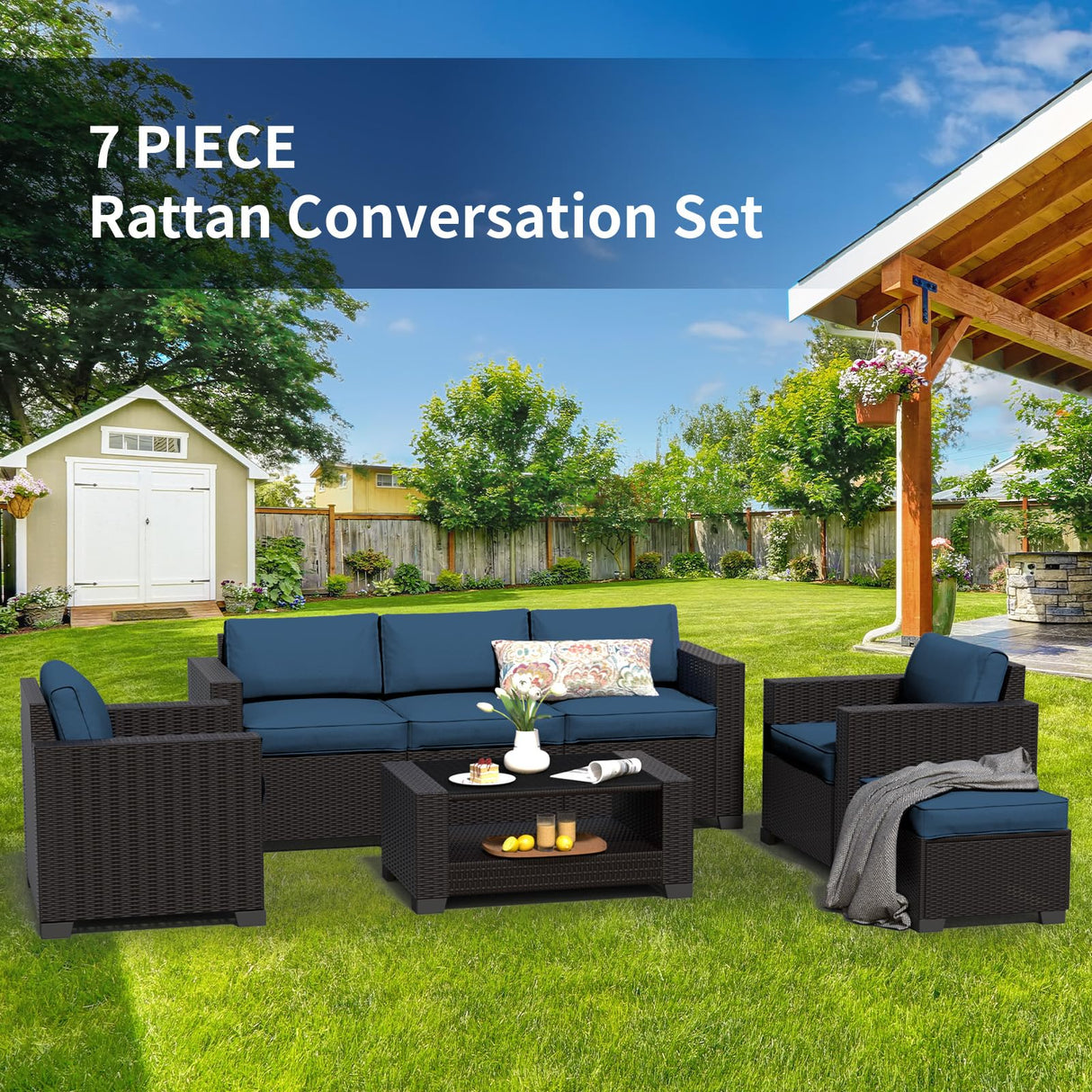 7 Piece Patio Furniture Set, Wicker Outdoor Sectional Sofa with Washable Cushion Covers and Tempered Glass Table, Rattan Conversation Set for Poolside (Black Rattan + Prussian Blue, 7 pcs) SHGJ&SOFT