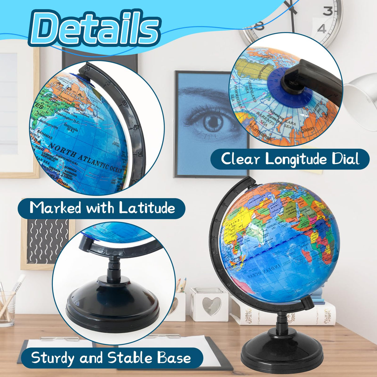 8'' Rotating World Globe with Stand,Decorative Spinning Earth Globe,Geographic Educational World Globe for Kids Classroom Tools,Desk Decorations,Gifts Rrshnsgv