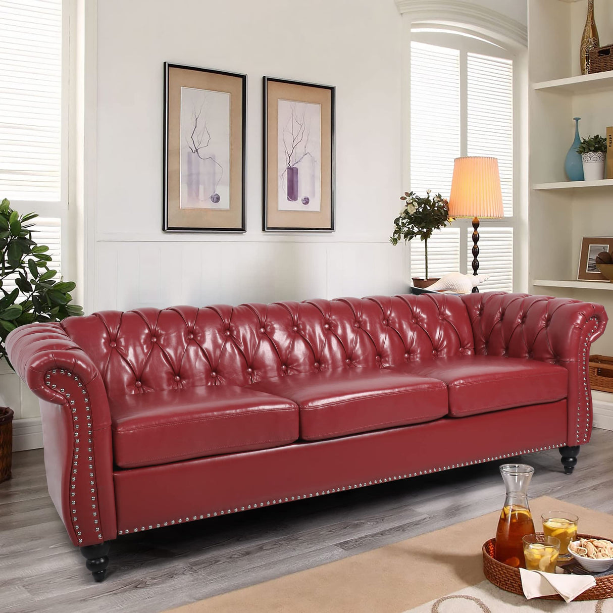 LEVNARY Chesterfield Sofa, Classic Tufted Upholstered Leather Couch, Modern 3 Seater Couch Furniture with Tufted Back for Living Room Office (Wine Red) LEVNARY