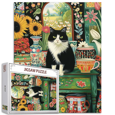 Cat Sit on Table Jigsaw Puzzle Kitten 1000 Pieces Puzzles Game Flower Floral Art Wall Decor DIY Craft Puzzle for Adults Gift for Friends and Family 20 x 27 Inch