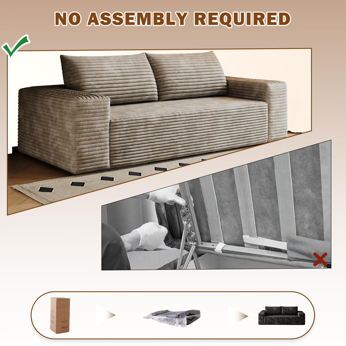 CKEASEAN 71" Corduroy Boneless Couch, 2-Seater Compression Sofa with 2 Throw Pillows, No Assembly Required, Comfy Loveseat Sofa in a Box, Deep Seat, Modern Couches for Living Room (Camel, 71 inch) CKEASEAN