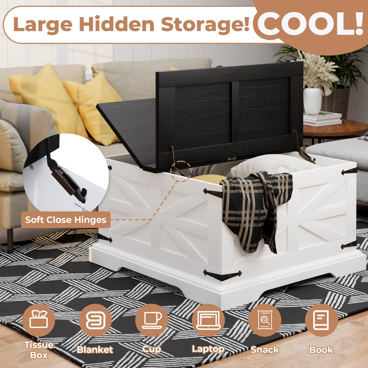 VVFLU Farmhouse Coffee Table with Storage, Square Center Table for Living Room, Rustic, Hinged Lift Top Soft Close, Wood, Large Hidden Storage, Modern, Metal Corner, White Black VVFLU