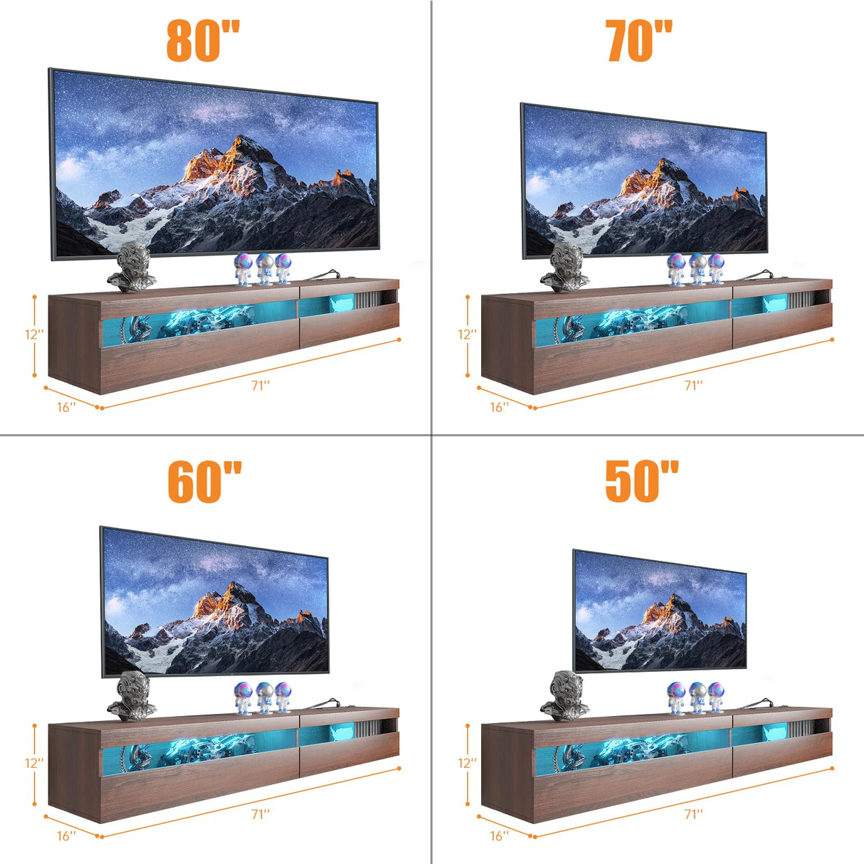 ANTISTA Floating TV Stand with Led Lights, 71 inch Wall Mounted TV Shelf with Power Outlet, Modern Entertainment Center Media Console with Storage Cabinet, Up to 80 Inch TVS, Walnut ANTISTA