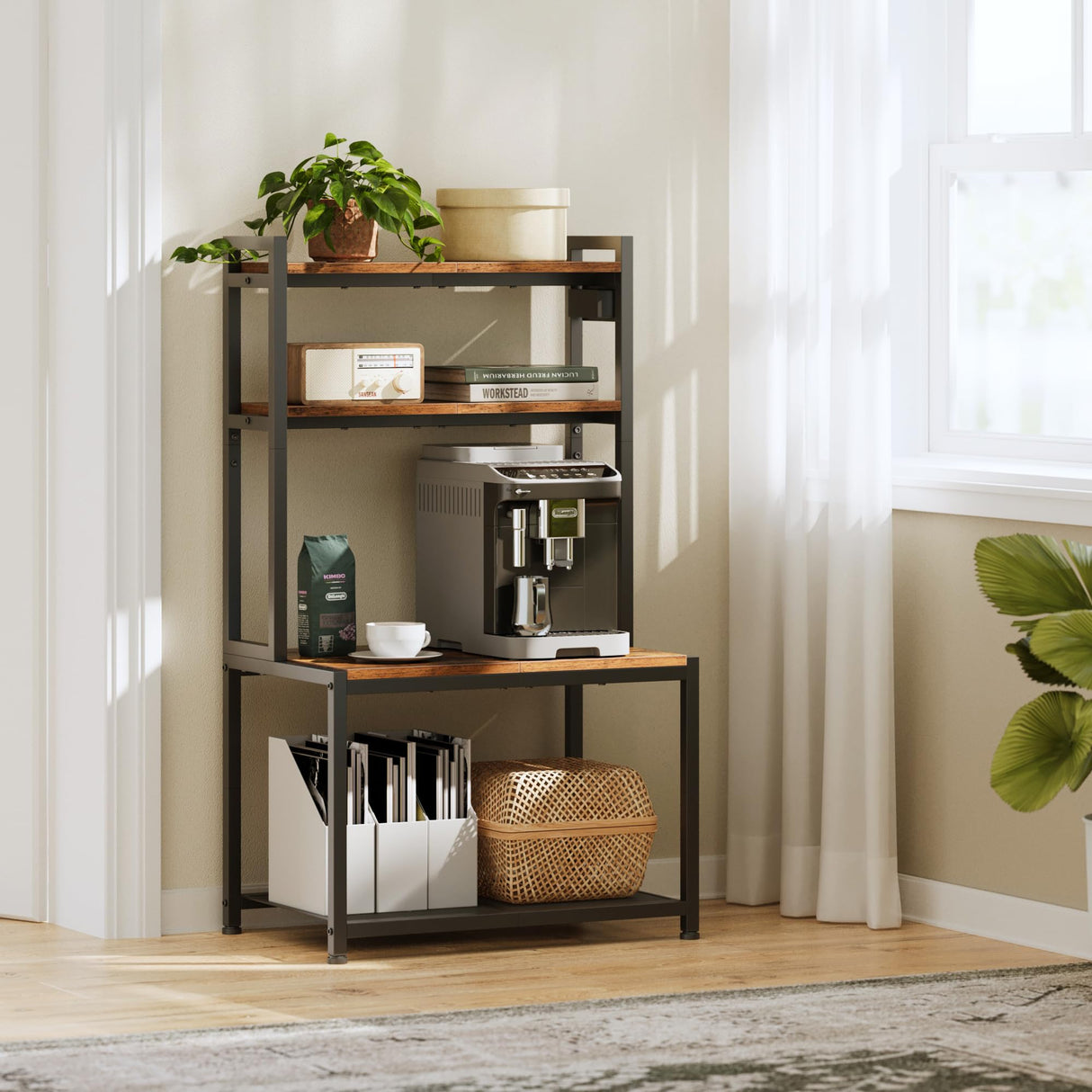 Asgolion Large Printer Stand with Storage, 40" Tall 4 Tier Printer Table with Wheels for Home Office, Printer Cart Beside Desk for Printer, Scanner, Fax, Living Room, Kitchen, Rustic Brown Asgolion