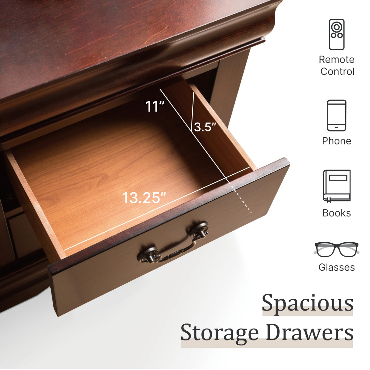 Furniture of America Arabella Traditional Solid Wood Nightstand with Drawers and Antique Nickle Handles, Small Bedside Table, No Assembly Wooden Night Stand for Bedroom, Guest Room, Dorm, Cherry Furniture of America