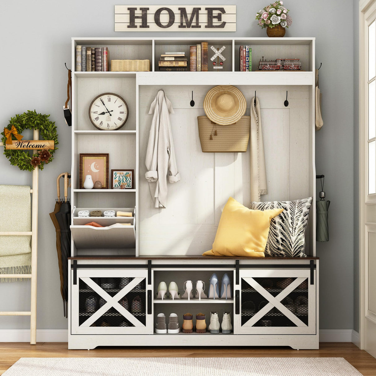 chartustriable 75''H LED Farmhouse Hall Tree with Bench and Shoe Storage,Entryway Bench with Coat Rack,16 Shoe Cubbies & Umbrella Holder and Sock Storage Drawer,Mudroom/Hallway Storage Cabinet(White) chartustriable