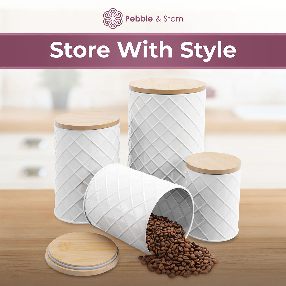 Pebble & Stem White Metal Canisters Sets for the Kitchen Counter, Kitchen Canisters Set of 4, Airtight Lids,Sugar and Flour Containers for Countertop, Coffee and Tea Storage, Farmhouse Decor Pebble & Stem